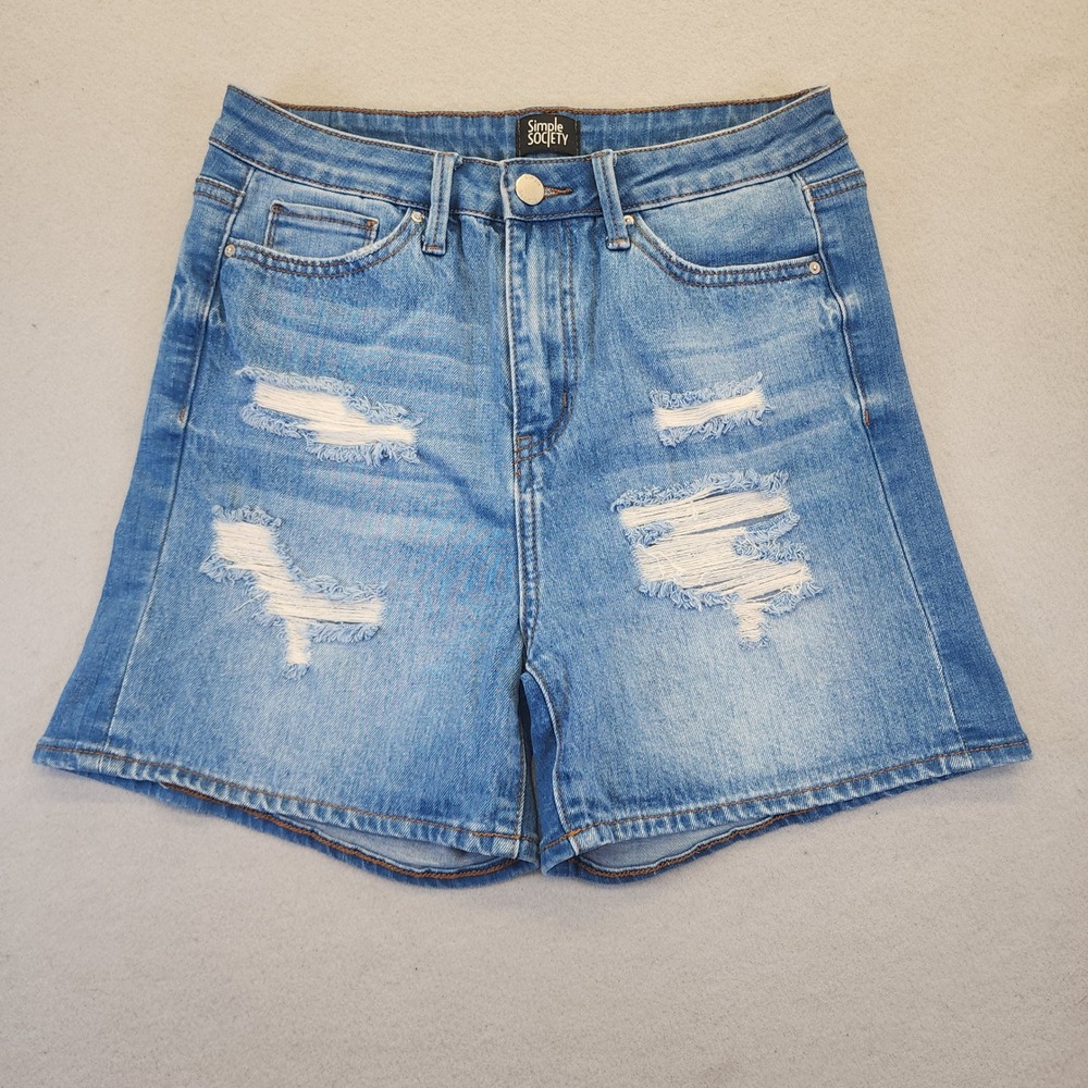 Simple Society Distressed High Rise Denim Shorts Medium Wash Blue Womens‎  7/28